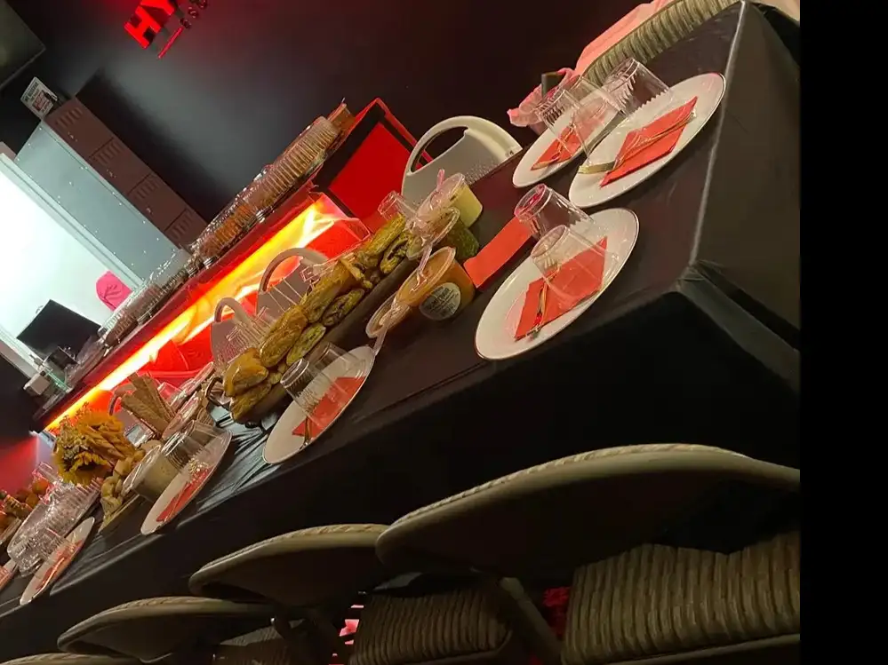 Platters and plates ready for a group on the lobby counter